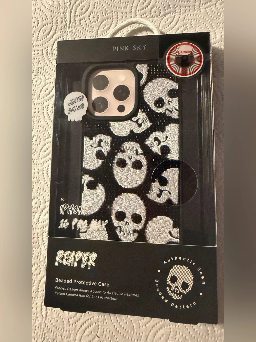 NWT Reaper Beaded Protective Case for iPhone 16 Pro Max - Black & White Skull